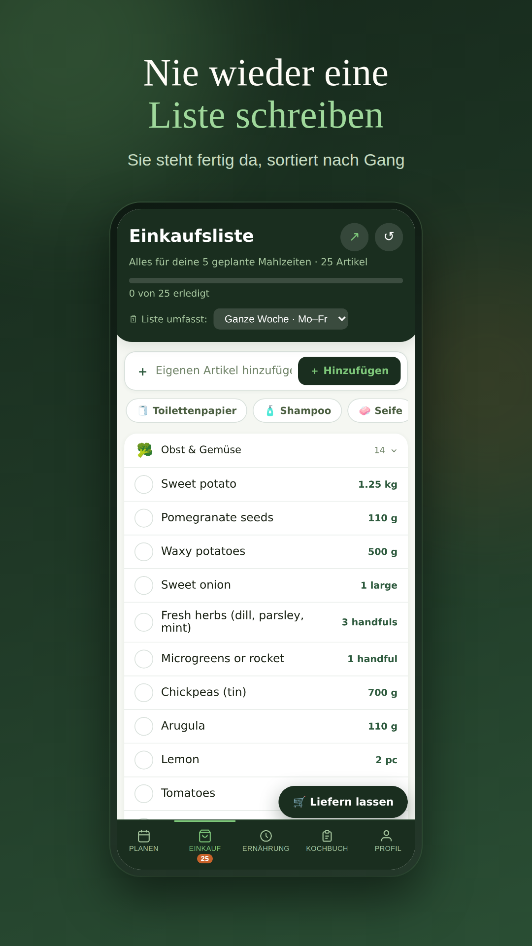 Einkaufsliste, nach Gang sortiert